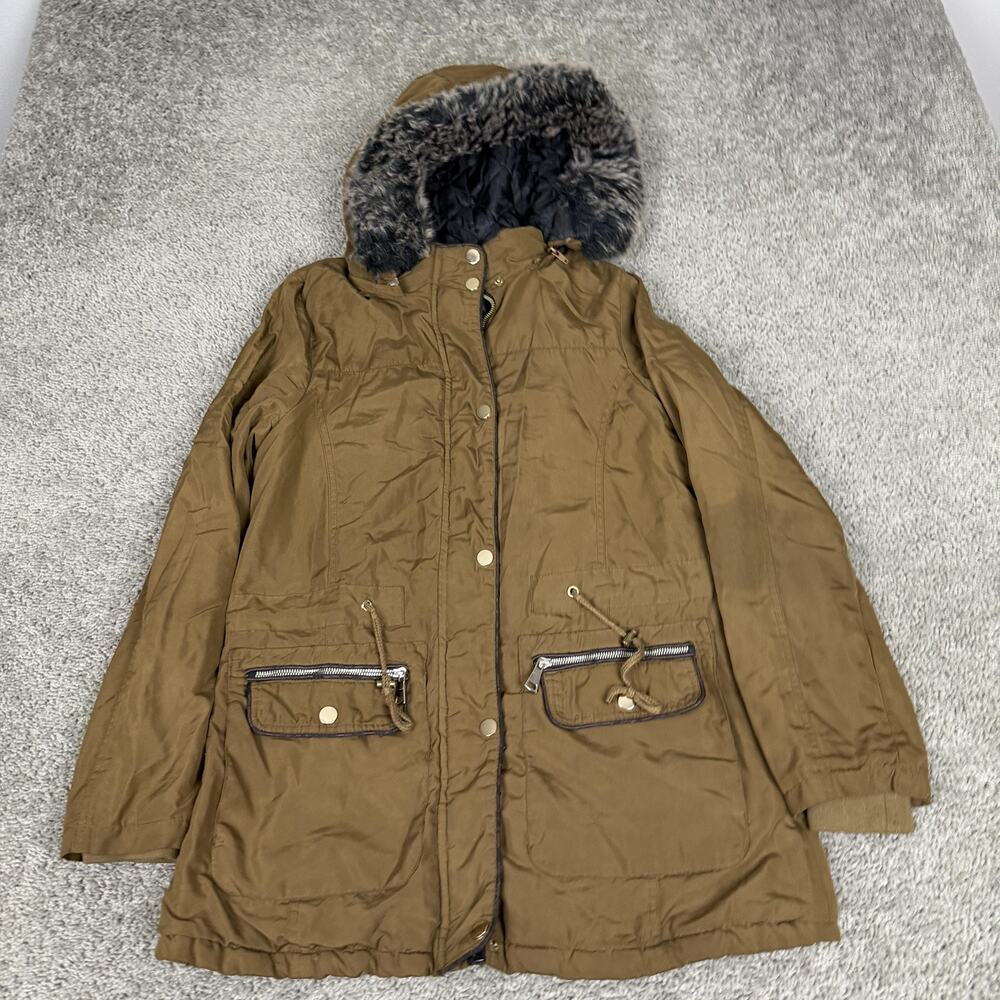 Greenlander Coat Womens Large Brown Hooded Faux Fur Parka Full Zip Pockets